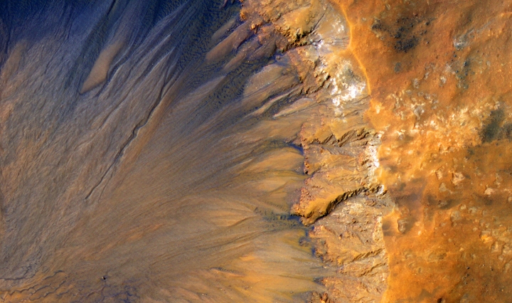 Aerial picture of a large crater on mars