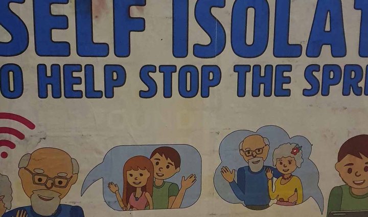 Poster with drawings of an elderly couple using wifi to communicate with another younger couple. Title says: "Self isolate to help stop the spread."