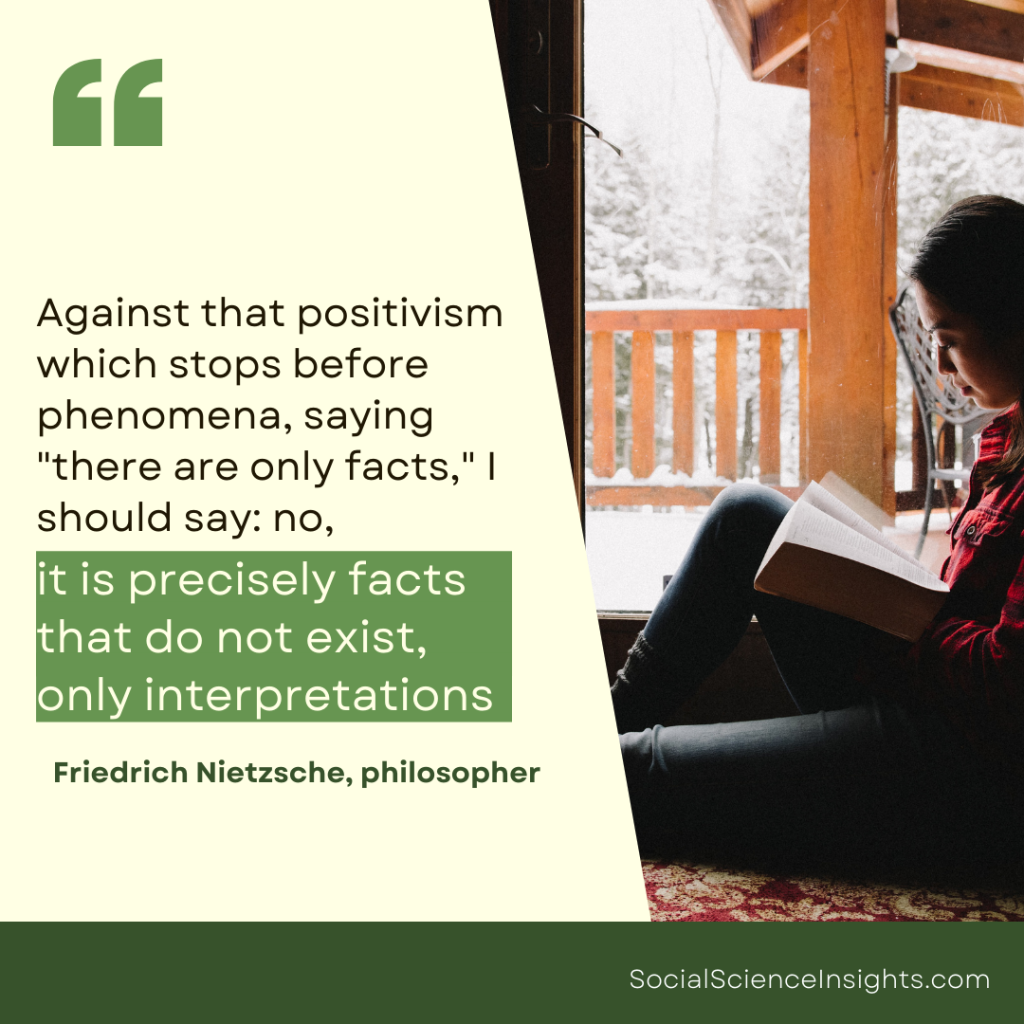 On the right, a woman reads a book by a window. On the left, a quote from Nietzsche: "Against that positivism which stops before phenomena, saying 'there are only facts,' I should say: no, it is precisely facts that do not exist, only interpretations." 